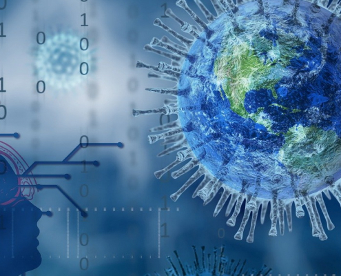 Foto: Weltkugel in Coronavirus-Form. Teile einer Platine mit Kopfsilhouette und Zahlenfolgen alles in Blau im Hintergrund.