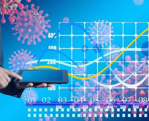 Foto: Collage Statistikgrafik, Coronavirus, Mann mit Tablet