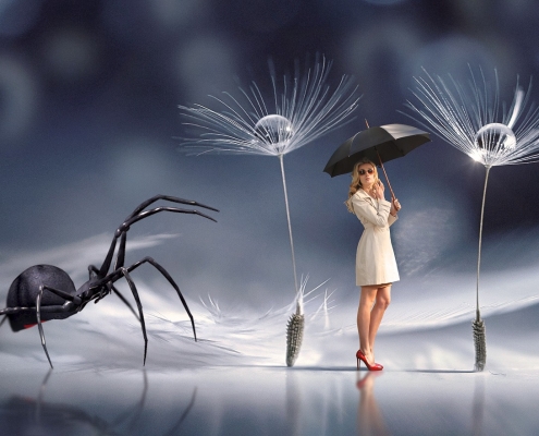 Foto: Fantasie-Welt, Frau mit Regenschirm, überdimensional schwarze Spinne, angeblich nicht schutzbedürftige Personenkreise