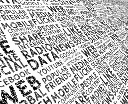 Collage: Begriffe - schwarz auf weiß - Computer und Social Media