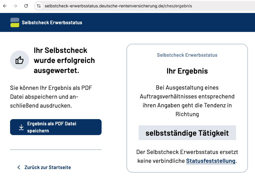 Screenshot Selbstcheck Erwerbsstatus auf DRV Homepage